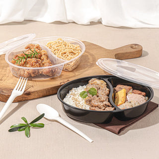 Oval PP Takeout Containers with Lids, 2-comp, Clear - 200 Sets (B750-2)
